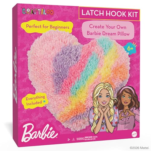 Barbie Latch Hook Kit for Kids Ages 6-12 - DIY Pillow Craft with Precut Yarn Hook and Stuffing | Latch Hook Kits for Kids & Beginners Arts and Crafts Gift for Girls