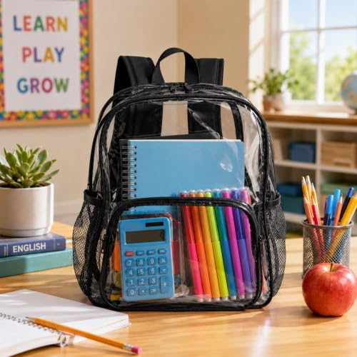 Image of Amylove 3 Pcs Clear Backpack bulk for Stadium Events Heavy Duty PVC Transparent Bookbag for College Workplace Security (15 Inches,Black)