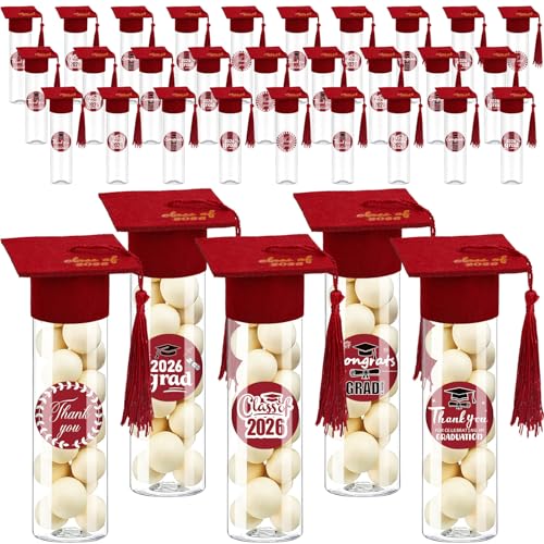 Image of FlorWave 30 Sets 2026 Graduation Candy Tubes Graduation Party Candy Boxes Containers Grad Cap Jars with Tassels Stickers Clear Plastic Party Favors for Graduations Decorations(Red)