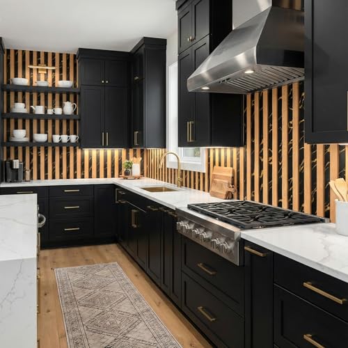 Image of 3D Black & Gold Marble Striped Wallpaper Roll - 45x500 cm Wood Texture Vertical Line Design PVC Waterproof Peel & Stick Wall Sticker for Home, Living Room, Office, TV Background - Self Adhesive