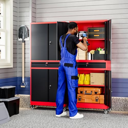 Image of Yizosh Metal Garage Storage Cabinet with Locking Doors and Adjustable Shelves,- 73 inch Rolling Tool Storage Cabinet with 4 Wheels and 1 Drawer for Garage,Warehouse (Red Black)
