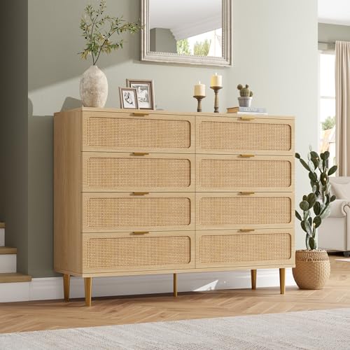 Rattan 8 Drawer Dressers for Bedroom, Tall Dresser with Deep Drawers, Large Chest of Drawers for Closet with Wide Top, Long Wooden Dresser for Living Room, Hallway, Kids Room, Natural