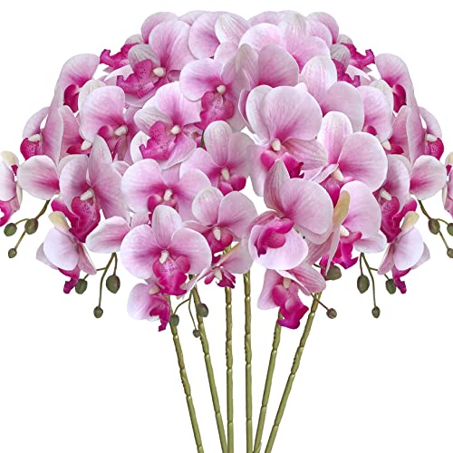 HinyoCo 6 Pcs Artificial Orchid Flowers Artificial Phalaenopsis Flowers 32 Inch Stem Plants for Home Wedding Decoration (White Flower Purple Core)