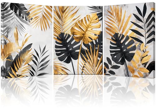 Toile Noir Et Or Feuilles Piy Painting Tableau Salon Triptyque Cadre Intégré 58x120 cm