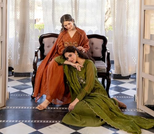 Image of Nermosa Women Embroidery Solid Anarkali Kurta and Pant Set with Dupatta