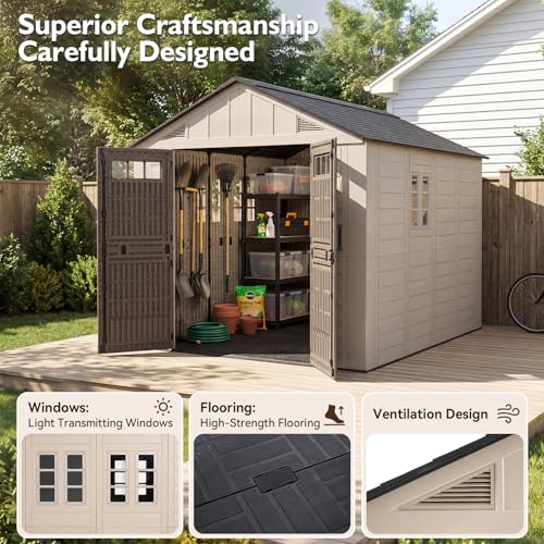 Image of LazySunsets 8x10 Ft Outdoor Storage Shed with Light, Large Resin Outdoor Shed with Floor Included, 3 Windows & Lockable Door, Garden Plastic Storage Sheds for Bike, Lawn Tools, Garbage Can