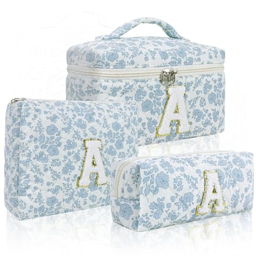 3 Pcs Travel Initial Quilted Makeup Bag set, Toiletry Personalized Floral Makeup Bag Birthday Gifts for teens girls and women, Cosmetic bags makeup organizer bag set-A