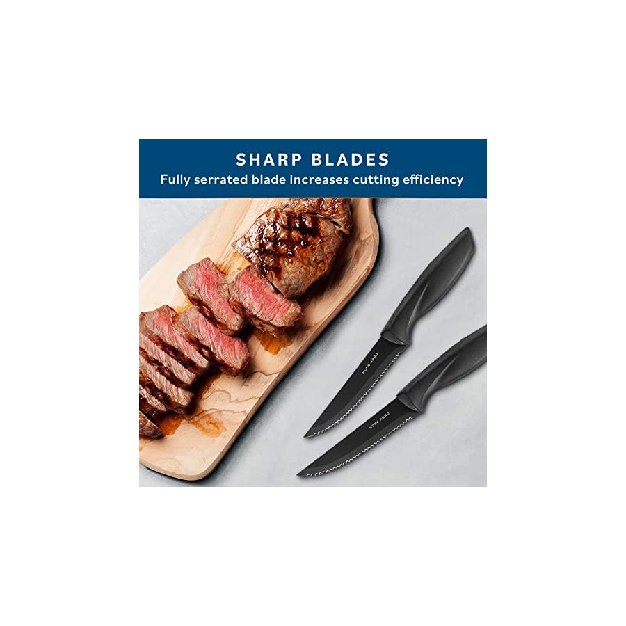 Home-Hero-Serrated-Steak-Knives-Set-of-12-High-Carbon-Stainless-Steel-Dishwasher-Safe-Steak-Knife-Set-Sharp-45-Blade-Non-Stick-Coated-Anti-Rust-12-pcs-Damascus-Style Home Hero Steak Knives, Sharp Steak Knives Set, High-Carbon Stainless Steel Steak Knife Set, Ergonomic Handles Serrated Steak Knives (12 Pcs - Black)