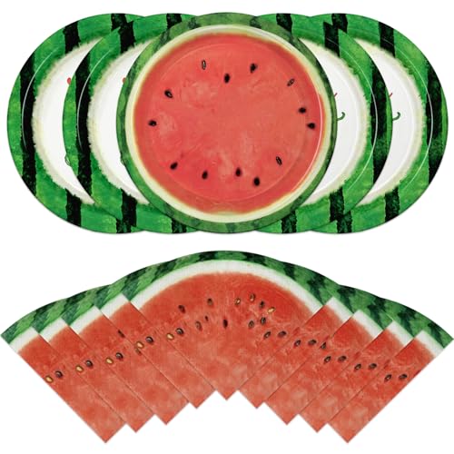 CRINSLY 40Pcs Watermelon Birthday Plates and Napkins Set Disposable Fresh Fruit Melon Tableware Watermelon Party Tableware for Summer Birthday Baby Shower Pool Party Decorations
