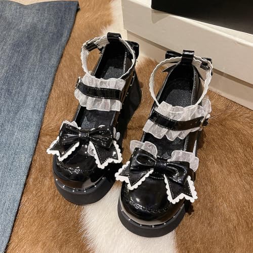 Parisuit Womens Kawaii Lolita Shoes Goth Mary Jane Wedge Heels Platform Pumps Round Toe Bow Cosplay Shoes2