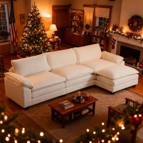 Karl home Sectional Sofa Modular Deep Seat Sofa Couch with Ottoman, Teddy Fleece Sofa Sleeper Comfy Upholstered Furniture for Living Room, Apartment, Studio, Office, (3-Seat & 1-Ottoman, Teddy Beige)