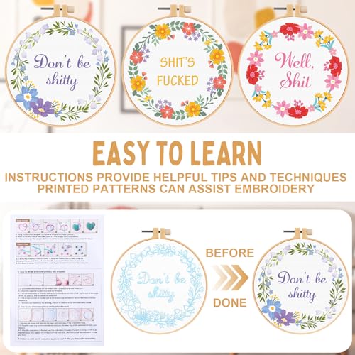 Image of Daifunli 3 Sets Funny DIY Embroidery Kits for Beginners Adults, Stamped Handmade Cross Stitch Starter with Floral Wreath Pattern Needlepoint Kit with 3 Embroidery Hoop, Color Threads, Tools