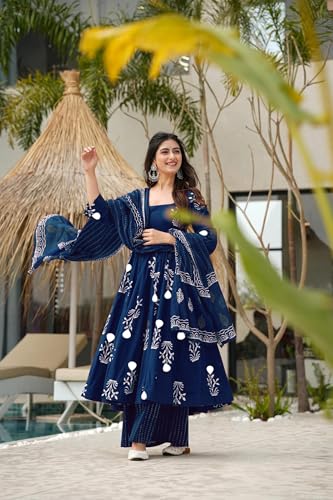 Image of ANNI Designer Women's Rayon Blend Anarkali Printed Kurta with Pant & Dupatta | Ethnic Kurta Pant Dupatta Set for Women | Traditional Indian Wear Outfit