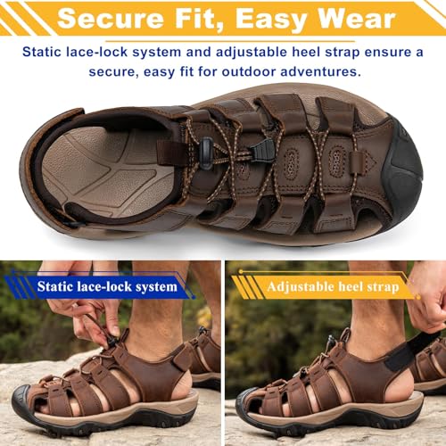 Mens Hiking Sandals Closed Toe Walking Sport Leather Summer Outdoor Beach Comfortable Waterproof Athletic Trail River Fishing Fisherman Coffee Brown3