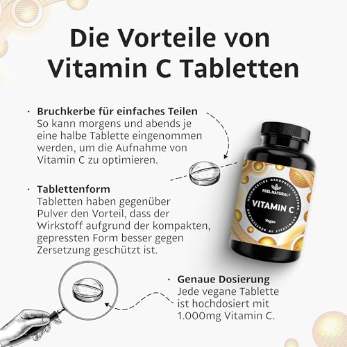 Vitamin C hochdosiert - 1000mg pro Tablette – 180 Tabletten - Vitamin C als L-Ascorbinsäure – vegan – in Deutschland entwickelt & laborgeprüft