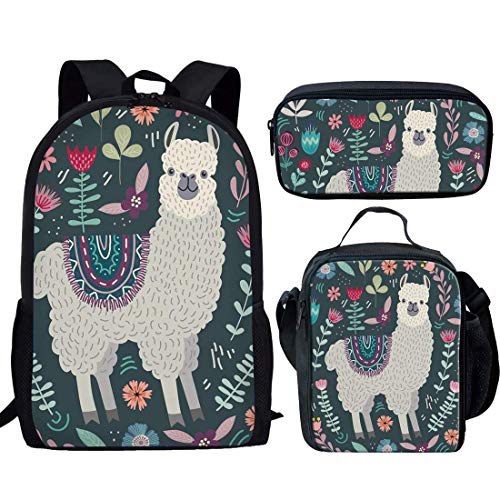 Set di 3 zaini con design dinosauro borsa per la scuola portapranzo resistente confortevole casual per andare a Fiori di alpaca Taglia unica Zaini Daypack