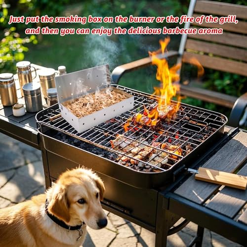 JJYHEHOT BBQ Räucherbox Set, Smokerbox aus Rostfreiem Edelstahl, Räucherbox inkl. Apfel Räucherchips - Smokergrill-Flair für Fleisch, Fisch & Gemüse für Gasgrill Elektrogrill oder Holzkohlegrill