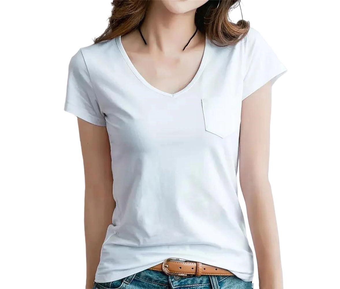 Camiseta de verano para mujer, cuello en V, manga corta, tela de algodón, suave, transpirable, minimalista, esencial para uso diario