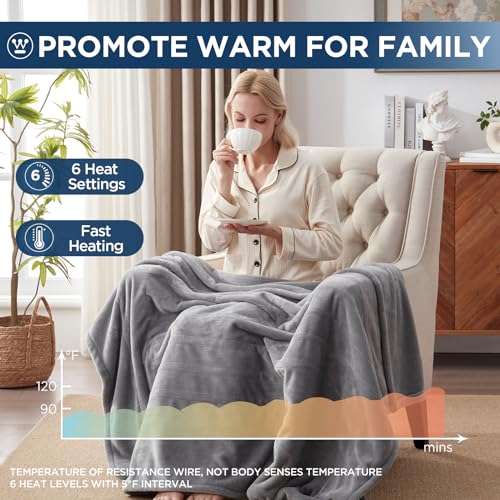 Westinghouse Electric Blanket Heated Throw, Super Cozy Soft Flannel 50"" x 60"" Heated Throw with 6 Fast Heating Levels & 2-10 Auto-Off, Machine Washable, ETL&FCC Certification, Light Grey