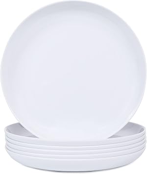 Webbylee Melamine Pasta Plates - 6pcs 8inch Dinnerware Dishes Set for Indoor and Outdoor Use, Break-resistant, White