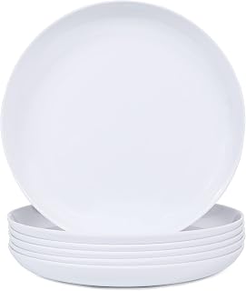 Webbylee Melamine Pasta Plates - 6pcs 8inch Dinnerware Dishes Set for Indoor and Outdoor Use, Break-resistant, White