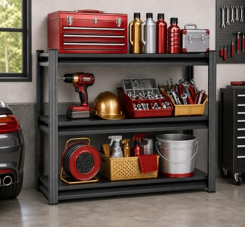 Image of Metal Garage Shelving Unit, Heavy Duty Adjustable Storage Shelves, Steel Shelving, 1500 LBS Capacity Shelves for Heavy Tools and Equipment, 3 Tier, 36 inch Wx 14 inch Dx 32 inch H