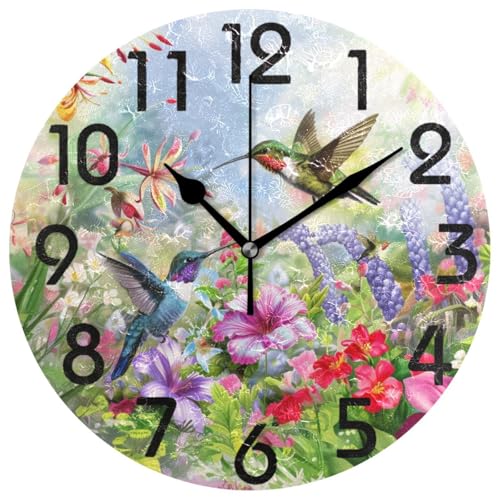 ZzWwR Pretty Sping Colors Flowers Two Hummingbirds Round Wall Clock, 10 Inch Analog Quiet Non Ticking Desk Clock for Home Kitchen/Living Room/Bedroom/Bathroom/Office