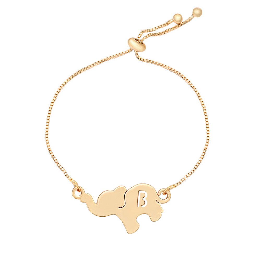 Simple Gold-Plated Bracelet with Hollow 26 Letters Cute Elephant Pendant Bangle Jewelry (B)