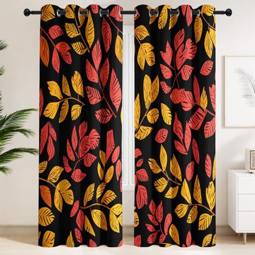 Genérico 200x245cm Cortinas Térmicas Opacas, Decoración del Hogar Dibujado A Mano Botánico Otoñal Hojas Secas Vintage, Amarillo Naranja Cortina Puerta, Cortinas para Salón Estudio Pasillo