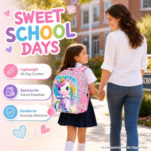 Image of HPJGD 3PCS Unicorn Bookbag for Girls, Kids Bicycle Backpack Set with Lunch Box, Cute Water Resistant Elementary School Bag for Preschool Toddler - Pink Unicorn Bike