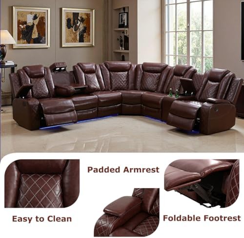 Power Reclining Sectional Sofa Set with LED Light,Leather Sectional Couches, Living Room Furniture Sets, Modern Power Recliner Sofa Sets with Cup Holder for Living Room(Brown) - Thumbnail 3