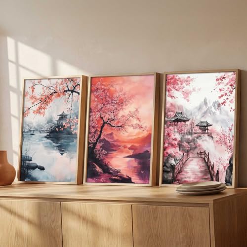 Image of kotart Big Aesthetic Japanese Nature Art View Framed Poster | Castle View Wall Framed Posters for Living Room Bedroom Wall Decor Set Of 3 (20x30 Inch)