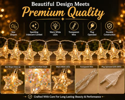 Image of Quace 10 LED Star Confetti String Lights, Plug-in Warm White Decorative Fairy Lights for Bedroom, Balcony, Patio, Christmas, Diwali, Wedding & Home Decoration