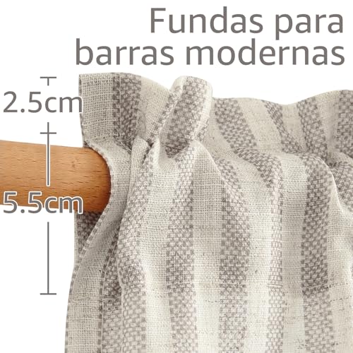 Miniatura 4 de Topick Juego De 2 Visillos A Rayas De 75 X 90 Cm Alto X Ancho Cm De Lino Con Rayas, Opacas, Cortas, Para Cocinas, Translúcidas, Pequeñas Ventanas, Color Gris Claro Sobre Beige
