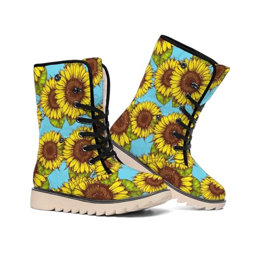 Winter Boots With Blue Vintage Sunflower Print - Stylish Footwear