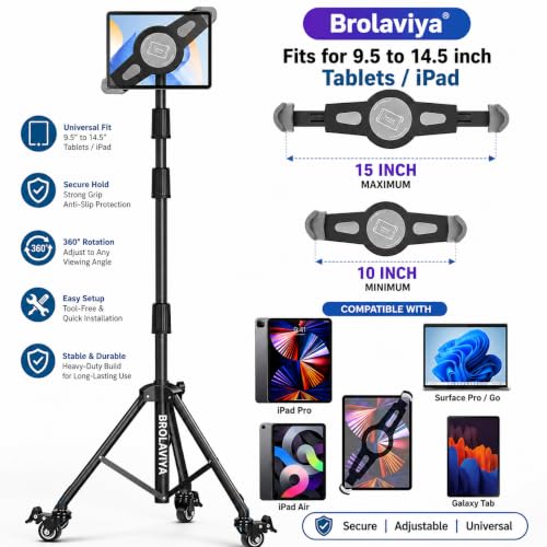 Image of BROLAVIYA Tablet Tripod Floor Stand with Wheels and Adjustable Gooseneck Mount for Home,Office, Stage for All 9.5~14.5 Diagonal inches Large Display Devices iPad, iPad Pro, Galaxy Tab, Surface Pro