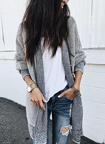 Sidefeel Womens Cardigan Plaid Open Front Chunky Knit Oversized Long Cardigan Sweaters Coat Gray Medium #TOP3