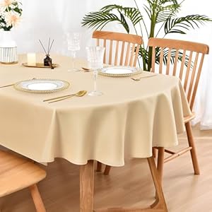 Wolkemer Oval Tablecloth 60 x 84 Inch Washable Fabric Table Cloth Solid Beige Table Cover for Dining Wedding Party Banquet Tabletop Decoration