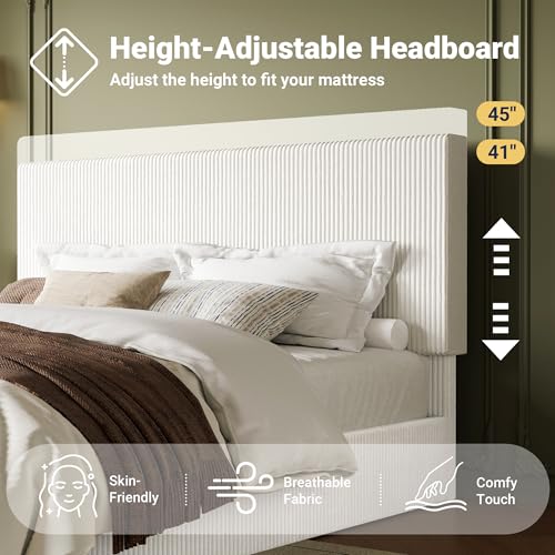 Image of Allewie King Bed Frame, Adjustable Corduroy Headboard, Platform, White | Adjustable Headboard, Corduroy Fabric, Low Profile, Wooden Slats, 1000 lb Capacity, No Box Spring Needed