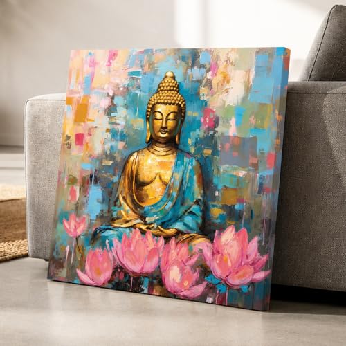 Image of PAINTINGMANTRA Golden Buddha Painting for Living Room, Buddha wall Art Painting for living room, Bedroom, office and Meditation Room, Canvas, 22x22 Inch