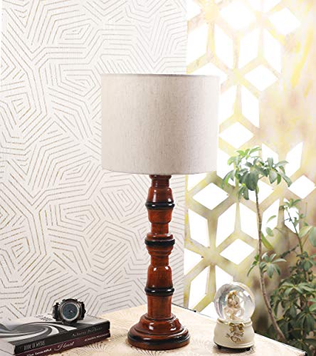 Image of tu casa Off White Cotton Flex Shade with Brown Mango Wood Base Table Lamp | Elegant Bedside & Desk Lamp for Bedroom, Living Room, Office, Home Decor & Gifting (Height : 21 Inch /No Blub Included)