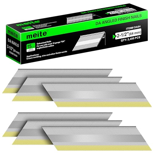 meite 15 Gauge Finish Nails 2-1/2 Inch 34 Degree Angled Nails for Pneumatic Electric Finish Nailer Gun, Galvanized No-Rust Finishing Nail for Cabinet Crown Baseboard Door Trim, DA Series 2,400 PCS