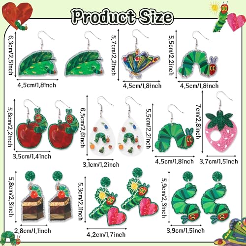 Hungry Caterpillar Drop Earrings - 8 Pairs Summer Cute Caterpillar Butterfly Sparkling Glitter Acrylic Drop Dangle Earrings, Funny Insect Ear Jewelry for Girls Women Teacher Aesthetic Gifts2