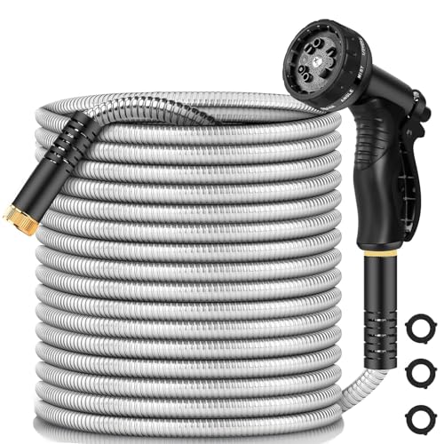 Garden Hose 75 ft Heavy Duty Stainless Steel Metal Water Hose with 8 Function Nozzle No Kink Leak-proof and Lightweight Easy to Use and Sturdy Puncture-Proof Outdoor Yard Hose