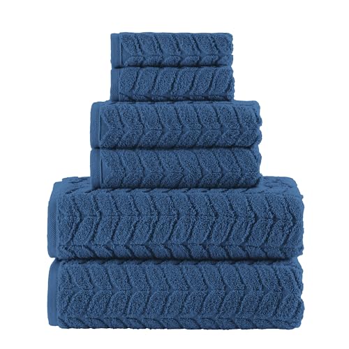 Image of Elegant Comfort Luxury 6-Piece 100% Turkish Cotton Jacquard Braided Textured Premium Hotel Quality Towel Set- Soft and Absorbent, Includes 2 Bath Towels, 2 Hand Towels and 2 Washcloths, Navy