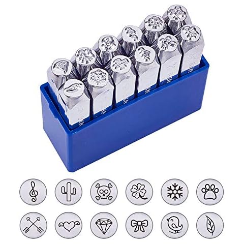 BENECREAT 12 Pack (6mm 1/4") Metal Punch Stamp, Nature Theme Design Stamps Metal Stamping Tools Case - Electroplated Hard Carbon Steel Tool to Punch Metal Jewelry Leather Wood Cover