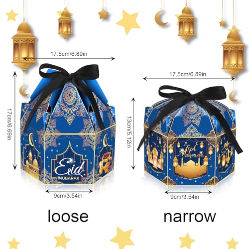 Jremreo 12 Pack Ramadan Eid Mubarak Treat Boxes - Gold Lantern and Moon Design, Hexagonal Paper Boxes with Ribbons, Muslim Holiday Party Candy Containers for Eid Al-fitr - Image 3
