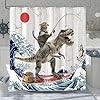 Fowocu funny cat dinosaur shower curtain fun kitten fishing japanese ocean wave waterproof fabric shower curtains for bathroom kids rustic wood farmhouse bath curtain decor 7272 gray  urban country home decor