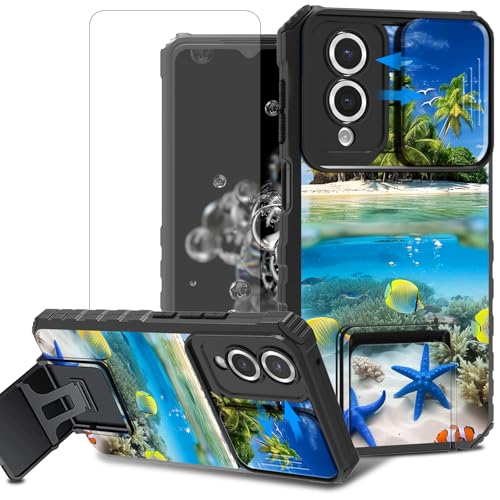 ACWDMKH for Samsung Galaxy S25 Edge Case with Screen Protector & Stand Kickstand & Slide Camera Protector Cover Dual Layer Heavy Duty Rugged Shockproof Slim Case for Women,Tropical Fish Beach
