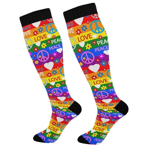 2 Pairs Unisex Compression Crew Knee Soft Circulation Socks High Sock Long Athletic for Running,Travel,Cycling Print Colorful Hippie Peace Signs Flowers Red Hearts Rainbow